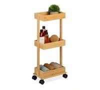 Shein Relaxdays Carrinho de banho bambu 3 níveis 71 5 x 31 x 18 cm 4 rodas WC cozinha carro auxiliar estreito plástico natural quadro de fibras