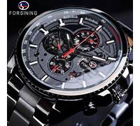 Shein Reloj automático para hombre de la marca de lujo Forsining, con tres diales, calendario y caja de acero inoxidable negro, reloj de pulsera militar de