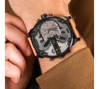 Shein Reloj cronógrafo DIESEL Mr. Daddy 2.0 para hombres - Correa de cuero marrón, esfera gris | Reloj multifunción deportivo con característica impermeable