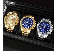 Shein Reloj de pulsera de negocios de acero con esfera grande y triple pantalla, cristal azul, esfera redonda. Regalo ideal para adolescentes varones