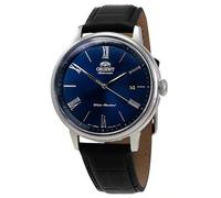 Shein Reloj mecánico automático de negocios para hombres ORIENT con esfera romana, calendario, correa de acero, resistente al agua, placa azul, RA-AC0J05L10