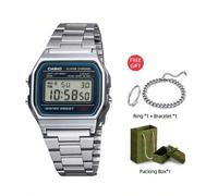 Shein Reloj vintage A158W con esfera digital negra, correa de acero inoxidable plateado, viene con caja de regalo que contiene un anillo y una pulsera