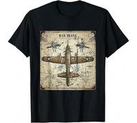 Shein Retro War Plane WW2 Shirt Blueprint World War 2 T-Shirt 100% Cotton, Fabric Weight 180g, T-shirt to Set off Your Extraordinary Temperament, Black