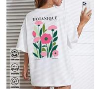 Shein Romántico y delicado estampado floral, camiseta blanca holgada de cuello redondo y hombros descubiertos para mujer (2025), ideal para todas las estaci