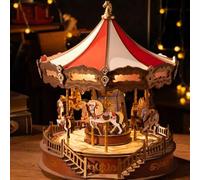 Shein Rompecabezas 3D de madera Robotime para adultos, caja de música de carrusel con luz de funcionamiento, kit de modelo de bricolaje, kits de manualidade