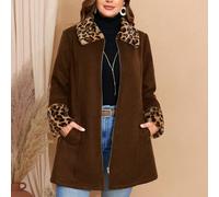 Shein Ropa de otoño talla grande Curva Acción de Gracias Mujeres Abrigo de lana con estampado de leopardo y parches, Otoño Invierno