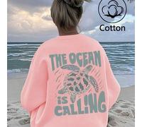 Shein Ropa forrada de polar con estampado de tortuga con temática oceánica, sudadera holgada de cuello redondo para mujer, top de algodón de otoño/invierno,