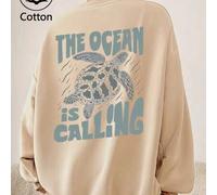 Shein Ropa forrada de polar con estampado de tortuga con temática oceánica, sudadera holgada de cuello redondo para mujer, top de algodón de otoño/invierno,