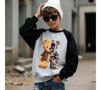 Shein Ropa para niño preadolescente, una sudadera negra de cuello redondo con un estampado de un oso mecánico violento, muy bonita, adecuada para el ocio, l