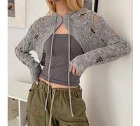 Shein ROSIE IN SEOUL Cárdigan de punto calado con capucha gris y aspecto lindo para mujer - Ropa de calle para vacaciones el 4 de julio o otoño, nueva llega