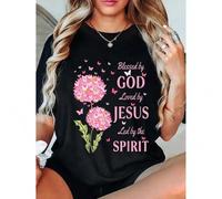 Shein Round Neck Short Sleeve Casual T Shirt for American Women with Religious - themed by GOD Loved by JESUS Led by the SPIRIT Design Creative Pattern Plus