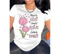 Shein Round Neck Short Sleeve Casual T Shirt for American Women with Religious - themed by GOD Loved by JESUS Led by the SPIRIT Design Creative Pattern Plus