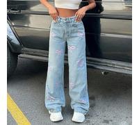 Shein RueChic Jeans de tiro alto y pierna ancha con estampado de moño, estilo Y2K, 100% algodón