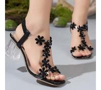 Shein Sandalias adornadas con cristales para niñas, nuevos estilos de tacones gruesos de medio tacón en un moderno estilo transparente de cuento de hadas pa