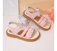 Shein Sandalias con borde de ola de flor de perla para niñas gemelas: La parte superior está hecha de piel sintética, con una correa de tobillo con hebilla