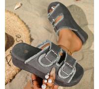 Shein Sandalias con cuña y hebilla de cinturón de mezclilla talla grande para mujer, sandalias de suela gruesa para verano y uso al aire libre, nuevas llega