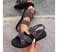 Shein Sandalias con elástico, estilo bohemio retro de cuatro estaciones, con estampado geométrico de moda del pueblo, elegantes y encantadoras de estilo rom