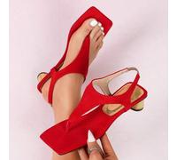Shein Sandalias con tira entre los dedos de color rojo llamativo para mujeres, con puntera cuadrada, tacón medio elegante, perfectas para fiestas y citas