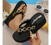 Shein Sandalias de cuña con suela gruesa para mujer, con decoración de cadena dorada, estilo retro sexy, superventas de verano europeos y americanos, que al