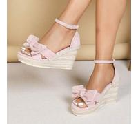 Shein Sandalias de cuña de moda para mujer, sandalias de plataforma con lazo de ante sintético y punta redonda, suela de cuerda con suela gruesa, parte tras