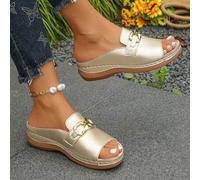 Shein Sandalias de cuña de talla grande 36-43 de ajuste ancho, moda casual de verano, color dorado claro, sandalias de cuña con cadena de metal para uso dia