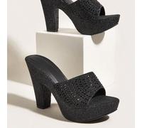 Shein Sandalias de mujer con decoración de brillo y rhinestones, sandalias glamorosas de tacón grueso para el Día de San Valentín, tacones de plataforma par