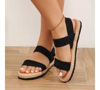 Shein Sandalias de mujer con doble correa elástica negra, moda al aire libre con correa de soga de lino sintético, suela de cuerda, zapatos romanos para dam