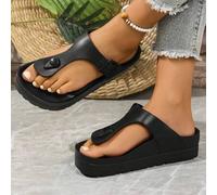 Shein Sandalias de plataforma plana tipo chancla con hebilla para mujer, negras, para el verano, impermeables, antideslizantes, transpirables, tallas grande