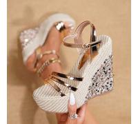 Shein Sandalias de plataforma y cuña con brillo, talla 33-34, diseño de 1 tira, tacón súper alto de 5.5", elegantes y de moda para el verano