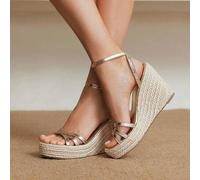 Shein Sandalias de plataforma y cuña de cuerda trenzada para mujer, estilo vacacional BOHO chic, retro, de música country americana, para festivales