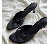 Shein Sandalias de tacón alto con plataforma de piel sintética negras tipo chanclas casuales de verano para mujer, 2025