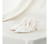 Shein Sandalias de tacón alto con punta negra de 7 cm, decoración de flores de malla, se pueden usar de dos maneras, estilo romano, tacón de aguja, calzado