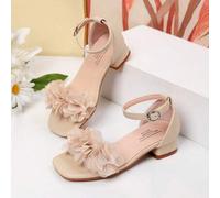 Shein Sandalias de tacón cuadrado con punta cuadrada y decoración floral para niñas, zapatos de baile de tacón alto para estudiantes, para actuaciones y act