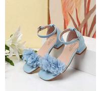 Shein Sandalias de tacón cuadrado con punta cuadrada y decoración floral para niñas, zapatos de baile de tacón alto para estudiantes, para actuaciones y act