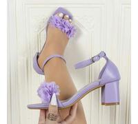 Shein Sandalias de tacón grueso con puntera cuadrada, decoración floral rosa pálido y correa de tobillo con hebilla metálica, estilo elegante para uso diari