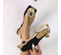 Shein Sandalias de tacón medio con punta cuadrada y decoración de hebilla circular en tono dorado, diseño exclusivo, pieza básica de estilo callejero llamat