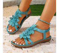 Shein Sandalias elegantes de mujer con decoración floral y punta abierta, estilo cuento de hadas de verano, sandalias ligeras para vacaciones