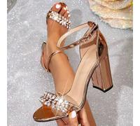 Shein Sandalias elegantes de tacón alto con tira de tobillo, puntera redonda, tacón grueso, adornadas con cristales de rinoceronte color dorado brillante