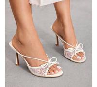 Shein Sandalias elegantes y románticas con tiras de lazo y punta redonda, tacón de aguja de stiletto, con parches de malla, adecuadas para fiesta del té, ci