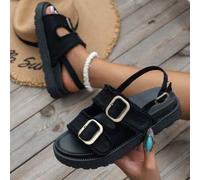 Shein Sandalias negras de mezclilla con flecos para mujer con decoración de hebilla y suelas gruesas, sandalias de plataforma de tacón de cuña negras para m