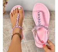 Shein Sandalias planas con tiras en T de plata para mujer, hechas a mano con cuentas, sandalias tipo chancla con brillantes 2025 para el verano, estilo dios