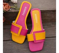 Shein Sandalias planas de punta cuadrada para mujer, esquema de color de dopamina, diseño geométrico de una sola correa, slip-on, ligeras y cómodas, para co