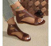 Shein Sandalias planas para mujer, sandalias de tacón bajo de caña alta, botas altas retro, sandalias romanas, zapatos casuales de playa con cremallera tras