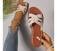 Shein Sandalias planas tipo diapositiva de estilo casual coreano para mujeres, sandalias tipo romano de punta abierta entretejidas, tipo slip-on, nuevos par