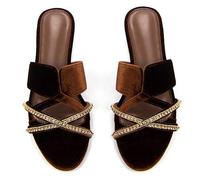 Shein Sandalias planas tipo mula con correa cruzada de oro elegante, decoradas con cadena y cristales, de terciopelo marrón, cómodas y de punta redonda, apt
