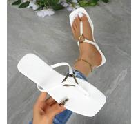 Shein Sandalias planas tipo slide para mujer 2026, punta cuadrada, elegantes, con tira en T, hebilla triangular, espalda abierta, casuales, de verano, sin c