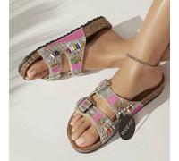 Shein Sandalias tipo chanclas para mujer de suela de corcho con aberturas, doble hebilla y acabado bohemio de cuentas en color fucsia - Estilo vintage color