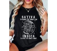 Shein Sativa To Change The Things I Can Indica Graphic Print Tee, Black Crew Neck Short Sleeve T-Shirt, Casual And Summer Top With Sun And Moon Design, Sof