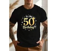 Shein Señor, este es mi pedido número 50. Camiseta de fiesta de cumpleaños - Camiseta negra de cuello redondo y manga corta con estampado de brillo dorado,