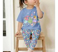 Shein Serie azul, gira hacia la primavera, princesa dulce y linda, floral bohemio, conjunto de camiseta de manga corta de cuello redondo y mallas sueltas y